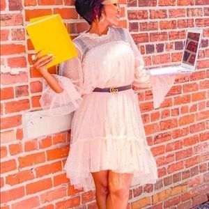 Flounce Sleeve Frill Trim Star Sequin Mesh Dress M